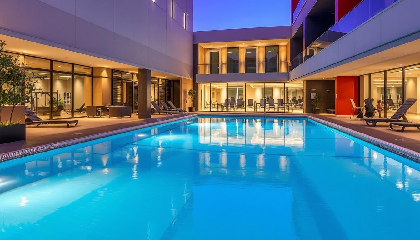 Image of the Madrid Marriott Auditorium Hotel's outdoor swimming pool and fitness center