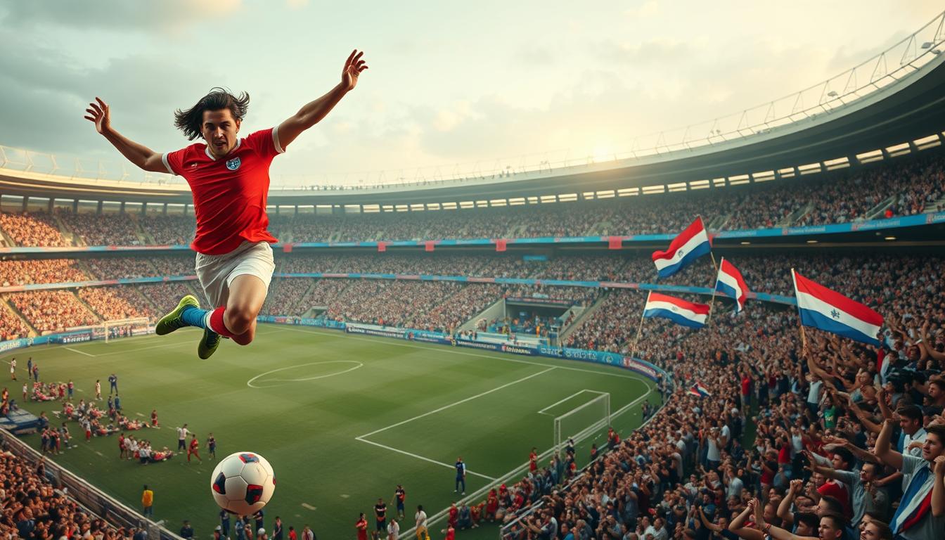 A captivating panoramic scene of Paraguay's iconic World Cup moments. In the foreground, a player in the national team's vibrant jersey soars high, ball at their feet, determined expression etched on their face. The midground captures a passionate crowd, waving flags and banners, their cheers echoing through the stadium. In the background, the team's historic triumphs unfold - a goalkeeper making a game-saving dive, teammates embracing after a decisive goal, the national team proudly lifting the coveted trophy. Warm, dramatic lighting casts an inspiring glow, while a cinematic, widescreen lens perspective immerses the viewer in the heart of Paraguay's enduring World Cup legacy.