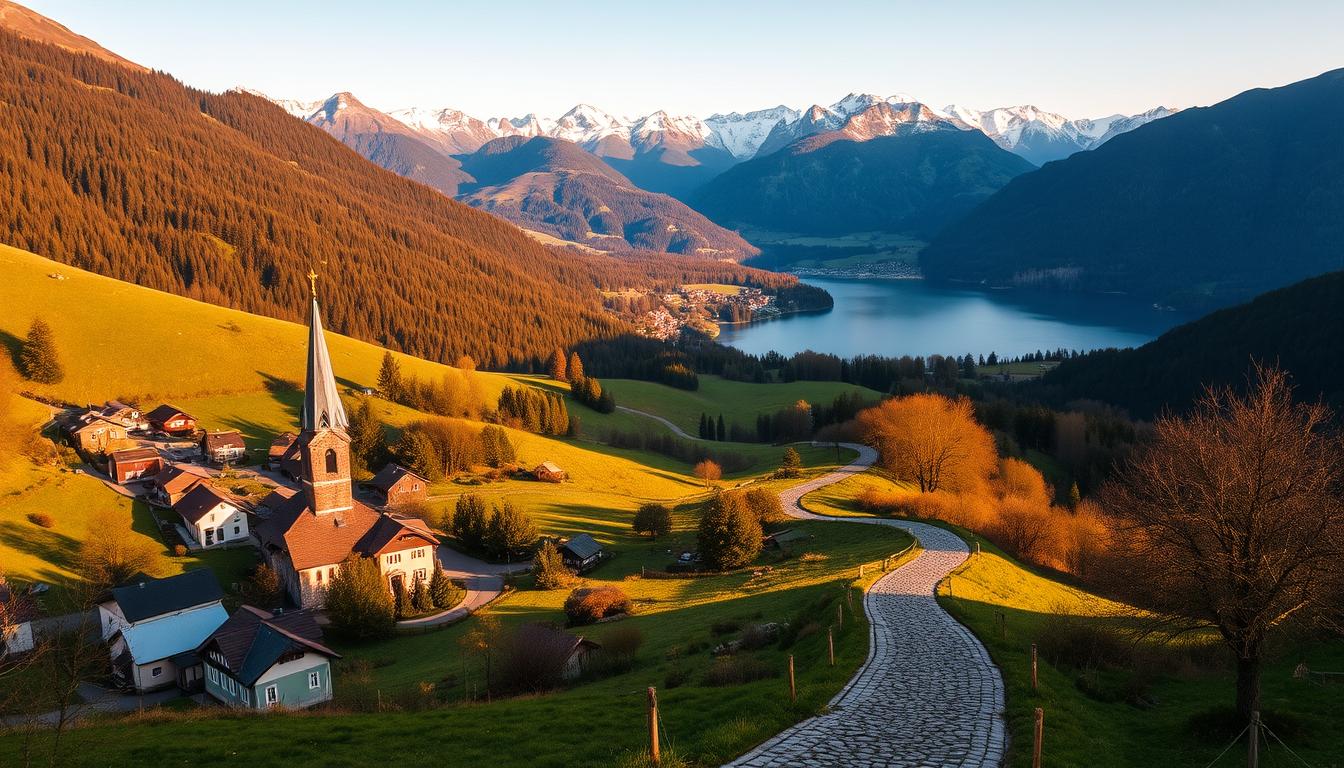 A lush, mountainous landscape in Austria, bathed in warm, golden sunlight. In the foreground, a picturesque village nestled between rolling hills, with charming, colorful buildings and a quaint church steeple peeking out. In the middle ground, a winding, cobblestone path leads towards a tranquil lake, its still waters reflecting the surrounding peaks. In the distance, the majestic Austrian Alps rise up, their snow-capped summits glowing in the afternoon light. The scene exudes a sense of peaceful, undiscovered beauty, inviting the viewer to explore these hidden gems of Austria.
