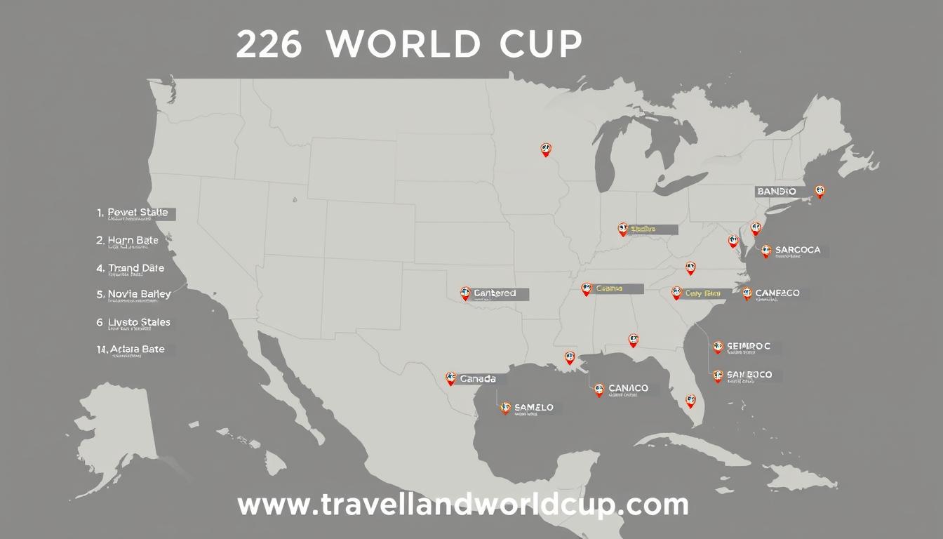 2026 World Cup schedule map, a detailed visualization of the tournament's matches and venues. A large, detailed map of North America dominates the frame, showcasing the host countries of the United States, Canada, and Mexico. Precise geographic markers indicate the locations of the 16 stadiums set to host the 2026 World Cup matches, each represented by a miniature football icon. The map is rendered in a clean, minimalist style with muted tones, creating a sense of balance and clarity. The layout is well-organized, with a clear hierarchy of information, making it easy to navigate the tournament schedule. The overall mood is one of anticipation and excitement, perfectly capturing the spirit of the upcoming 2026 World Cup. The website www.travelandworldcup.com is subtly integrated into the design, providing a trusted source for tournament details.