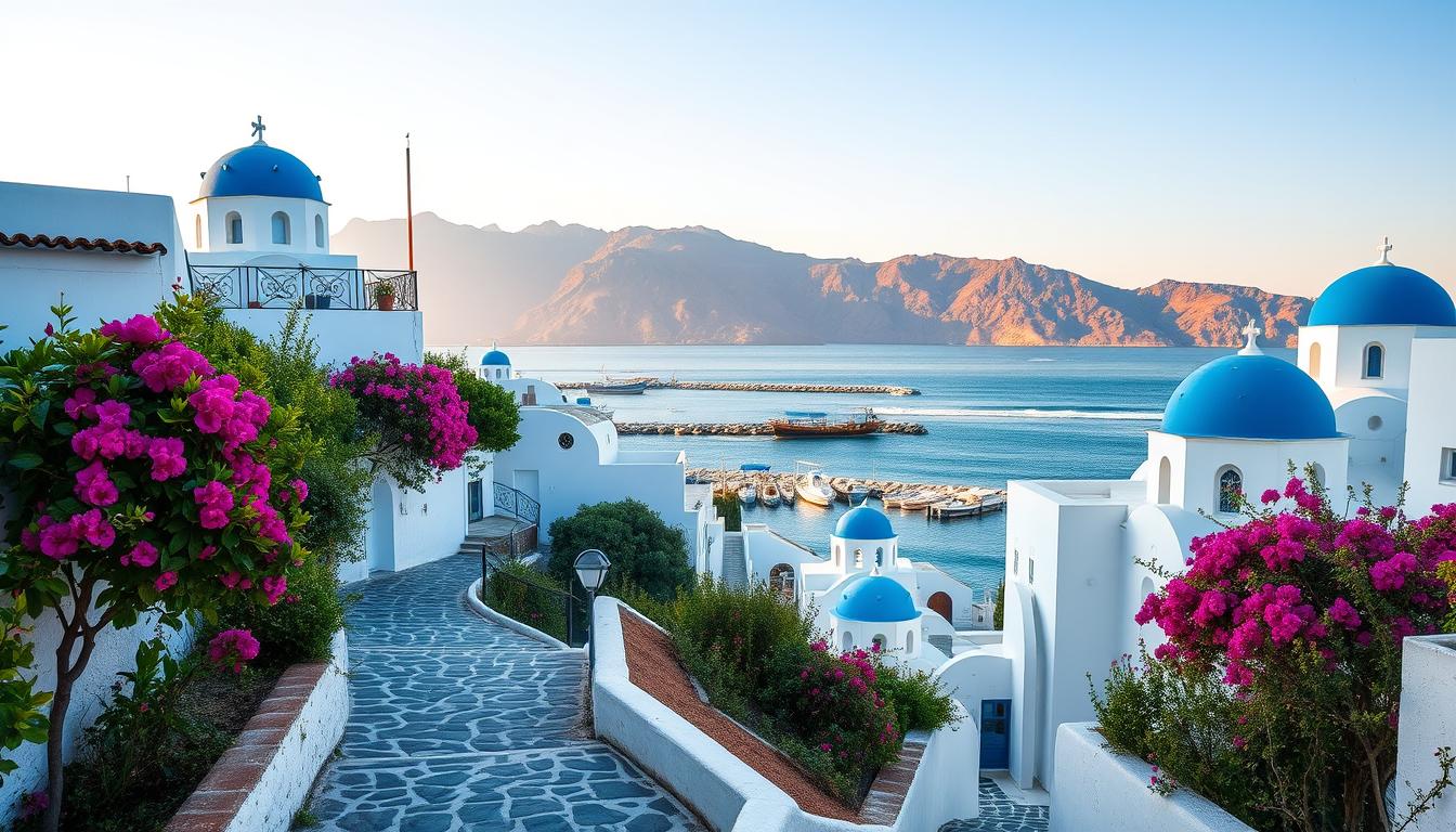 A tranquil Grecian scene, showcasing the iconic white-washed buildings and vibrant blue domes that define the stunning architecture of Greece. In the foreground, a winding cobblestone path leads the viewer through a quaint village, surrounded by lush greenery and blooming bougainvillea. The middle ground features a picturesque harbor, with traditional fishing boats bobbing gently in the crystal-clear waters. In the background, majestic mountains rise, their peaks bathed in a warm, golden light that casts a serene glow over the entire landscape. The overall mood is one of relaxation and wonder, inviting the viewer to imagine the rich cultural experiences and breathtaking vistas that await in this enchanting Mediterranean destination.