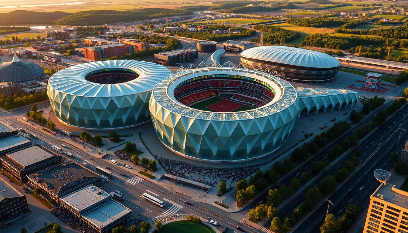 An expansive aerial vista of the 2026 World Cup stadiums across Canada, captured in a striking cinematic style. In the foreground, the iconic architectural designs of the venues stand tall, their sleek, modern lines and vibrant color palettes reflecting the energy and excitement of the global event. The midground reveals the bustling surroundings, with crowds of fans gathering outside, buses and vehicles moving through the streets, and the lush, verdant landscapes of the host cities providing a picturesque backdrop. Bathed in warm, golden-hour lighting, the scene conveys a sense of anticipation and celebration, inviting the viewer to imagine the roar of the crowds and the thrill of the matches to come.