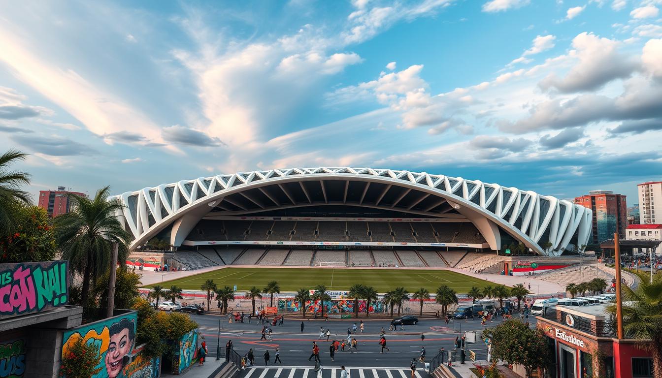 Generate an image of Estadio Akron in Guadalajara, a modern stadium with a seating capacity of over 48,000, surrounded by the city's vibrant cultural landscape.