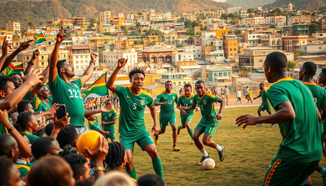 A vibrant, action-packed scene showcasing the passionate impact of South African football culture. In the foreground, a crowd of enthusiastic fans clad in the iconic green and gold of the national team jersey, their faces painted with flags and cheering triumphantly. In the middle ground, a group of young players engage in a spirited match, their dynamic movements and skilled ball handling capturing the essence of the national sport. The background features a backdrop of the distinctive architecture and lively urban landscapes that characterize South African cities, bathed in warm, golden hues of natural sunlight. The overall atmosphere conveys a palpable sense of national pride, community, and the transformative power of the beautiful game.