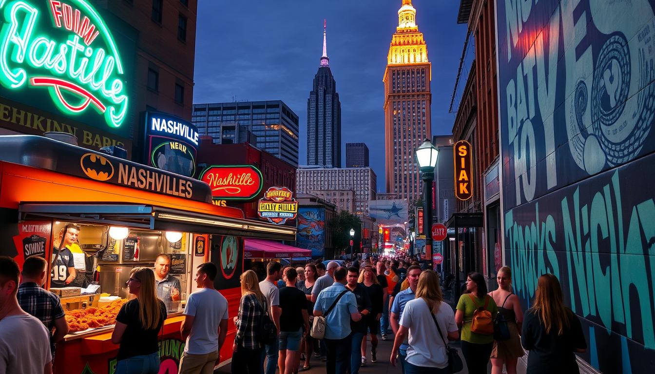 A bustling Nashville street scene, the neon lights of honky-tonk bars casting a warm glow over the sidewalks. In the foreground, a vibrant food truck serves up sizzling Nashville hot chicken, its crispy, spice-crusted skin glistening under the streetlamps. Locals and visitors alike line up, eagerly anticipating the fiery flavors. In the middle ground, a mural celebrates the city's rich musical heritage, while the background features the iconic skyline, the Batman Building standing tall among the other skyscrapers. The atmosphere is electric, a harmonious blend of Southern hospitality, musical tradition, and bold, unapologetic flavors.