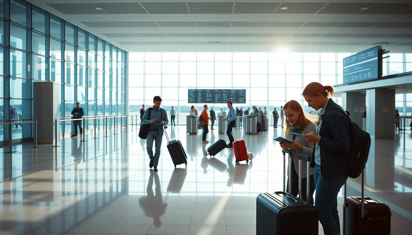 A serene airport terminal with polished floors and wide windows allowing natural light to flood in. In the foreground, a family checks their passports and boarding passes, exuding a sense of preparedness. The middle ground features TSA agents diligently scanning luggage, ensuring the safety of travelers. In the background, a large departure board displays flight information, guiding passengers to their gates. The overall atmosphere conveys a feeling of security and organization, with muted tones and clean lines creating a calming ambiance for the international travelers.