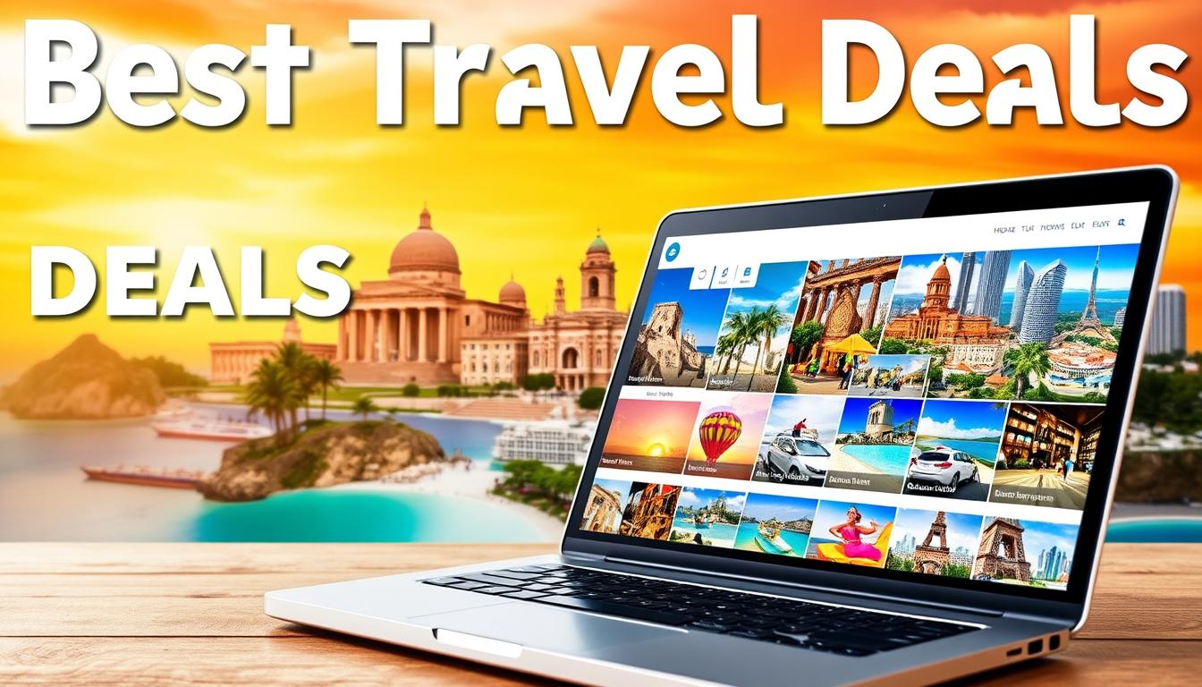 A vibrant, visually striking image showcasing the best travel deals on a website called &quot;www.travelandworldcup.com&quot;. In the foreground, a laptop or tablet displays an array of alluring holiday packages, with sun-drenched beaches, swaying palm trees, and luxurious resorts. The middle ground features a collage of iconic travel destinations, from ancient landmarks to bustling city skylines. The background is a warm, gradient-filled sky, conveying a sense of adventure and exploration. The overall mood is one of excitement and anticipation, inviting the viewer to discover the perfect all-inclusive holiday at unbeatable prices.