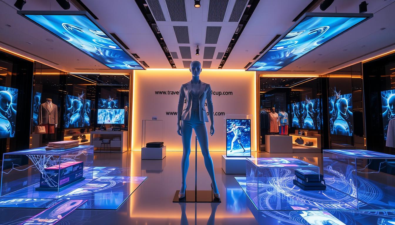 A modern and immersive retail display, showcasing the latest fashion and accessories. In the foreground, a lifelike mannequin strikes a dynamic pose, dressed in a chic ensemble. Surrounding it, interactive digital screens and holograms project captivating visuals, enticing customers to engage with the merchandise. The middle ground features eye-catching LED lighting, casting a warm glow over the display. In the background, a sleek, minimalist backdrop adorned with the website &quot;www.travelandworldcup.com&quot; provides a sophisticated and cohesive setting. The overall atmosphere evokes a sense of innovation, technology, and high-end style, perfectly aligning with the &quot;Innovative Techniques with Mannequins and Interactive Displays&quot; section of the &quot;visual merchandising&quot; article.