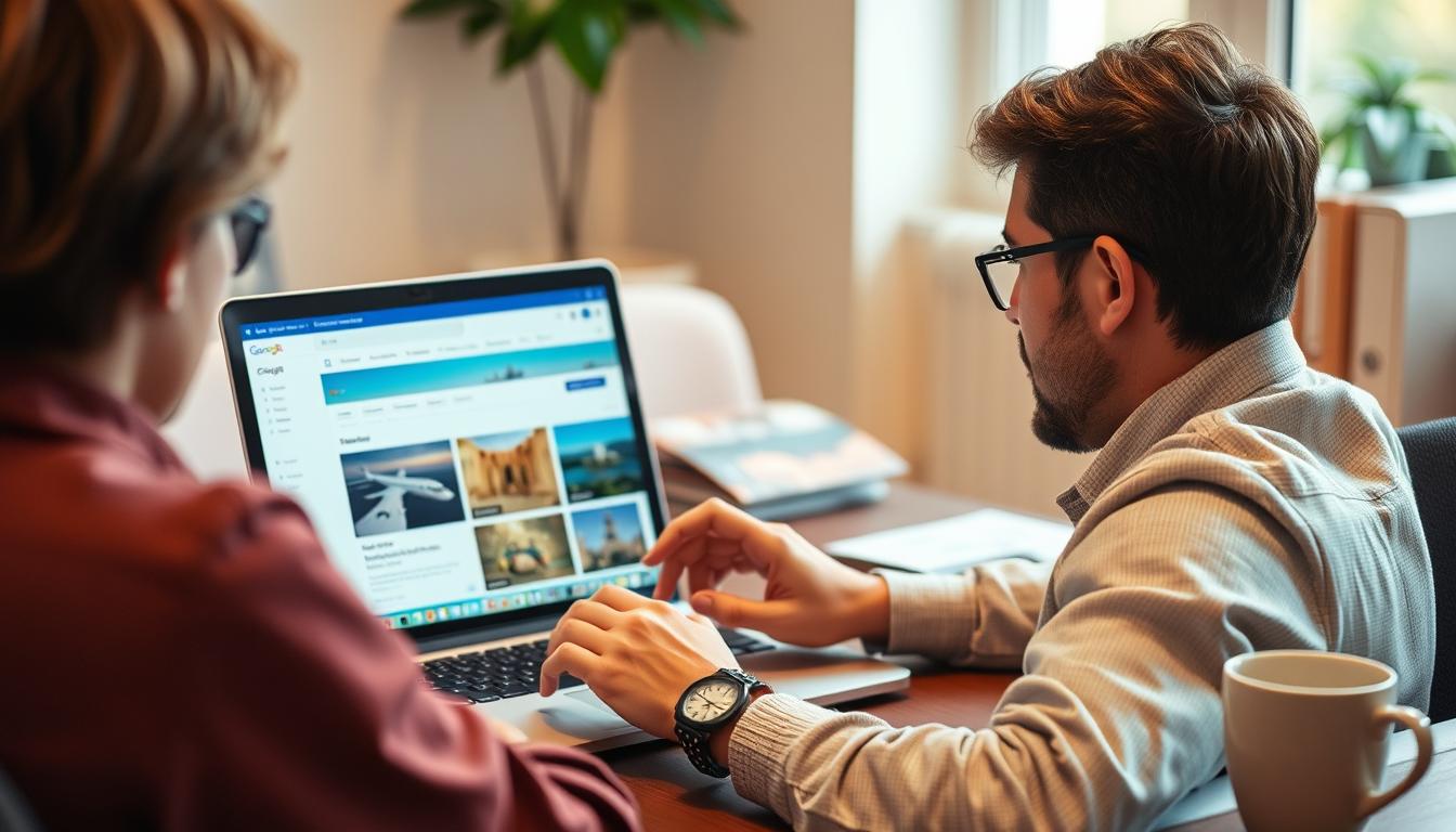 Generate an image of a person using Google Flights on a laptop to find cheap flights.