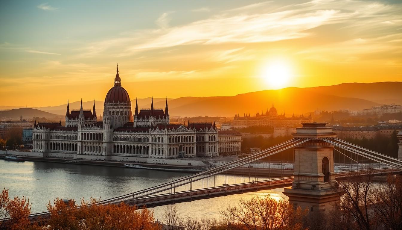 A majestic panoramic view of the most iconic landmarks in Hungary, captured in warm golden hues under a radiant sunset sky. In the foreground, the breathtaking neo-Gothic architecture of the Hungarian Parliament Building rises majestically, its intricate spires and ornate facades reflecting in the tranquil waters of the Danube River. Across the river, the historic Buda Castle and Fisherman's Bastion stand tall, their limestone walls glowing with a soft, amber light. In the middle ground, the iconic Chain Bridge connects the two sides of the city, its graceful suspension cables and ornate lampposts framing the scene. The background is filled with the rolling hills and lush greenery of the Buda Hills, casting a serene and picturesque backdrop to this quintessential Hungarian landscape.