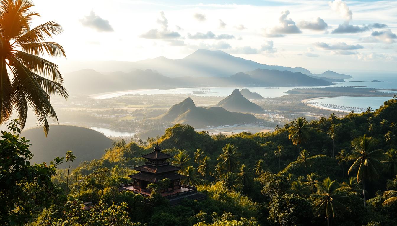 A scenic vista of Indonesian landscapes, showcasing the country's diverse natural wonders. In the foreground, a traditional Balinese temple nestled among lush, tropical foliage, bathed in warm, golden sunlight. In the middle ground, rolling hills and volcanic peaks rise up, their silhouettes shrouded in mist. The background is dominated by a breathtaking panorama of pristine beaches, azure waters, and swaying palm trees. The composition is framed by a cinematic, wide-angle lens, capturing the grandeur and allure of this captivating destination. An atmospheric, dreamlike quality pervades the scene, inviting the viewer to imagine the enriching travel experiences that await in Indonesia.