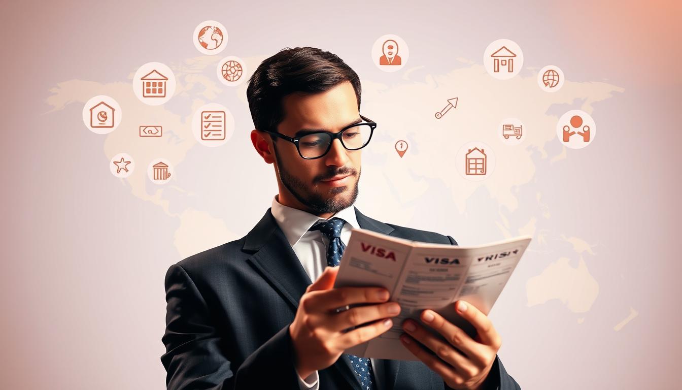 Detailed and well-organized image of business and tourist visa categories. A crisp and contemporary illustration featuring a world map in the background, with various visa icons and symbols floating above it, each representing a specific visa type or category. The foreground shows a professional-looking businessman examining a visa document, with a focused expression. Warm, directional lighting from the side creates depth and highlights the details. Shot with a wide-angle lens to capture the entire scene. The overall mood is one of professionalism, international travel, and attention to visa requirements. www.travelandworldcup.com