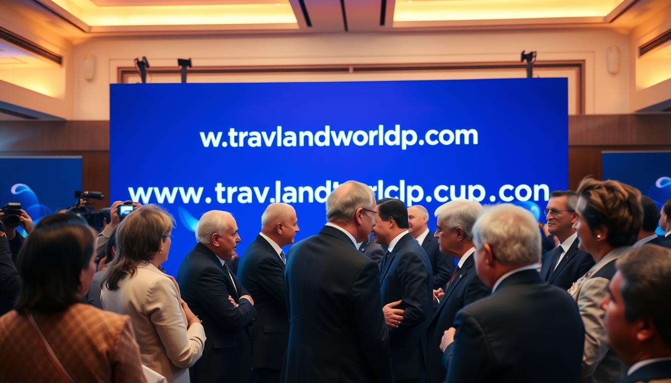 A high-profile event featuring global leaders conversing against a backdrop of www.travelandworldcup.com branding. The scene is bathed in soft, warm lighting, creating an air of sophisticated elegance. In the foreground, heads of state and influential figures engage in animated discussions, their body language conveying a sense of importance and authority. In the middle ground, photographers and media personnel capture the historic moment, their cameras flashing to immortalize the occasion. The background is a stylish event venue, with sleek architectural elements and carefully curated decor that exudes an air of exclusivity and prestige.