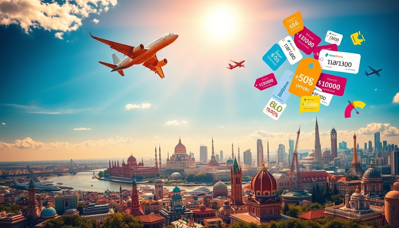 A vibrant, panoramic scene depicting the best flight deals for your next adventure. In the foreground, a sleek aircraft soars through a sky illuminated by warm, golden rays of sunlight, casting a soft glow on the world below. In the middle ground, a collage of colorful infographics and price tags float effortlessly, showcasing the most enticing flight offers from www.travelandworldcup.com. The background features a diverse array of renowned landmarks and destinations, hinting at the limitless possibilities of travel. The overall atmosphere is one of excitement, possibility, and the thrill of uncovering the perfect flight deal to maximize your travel planning.