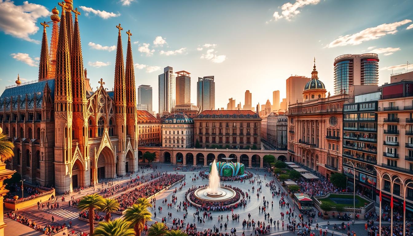 A vibrant cityscape in Spain during the 2030 World Cup, showcasing iconic cultural landmarks. In the foreground, the majestic Sagrada Familia cathedral stands tall, its intricate Gothic architecture basking in warm, golden light. In the middle ground, the Plaza de España shines with the iconic semicircular colonnades and the central fountain, surrounded by crowds of enthusiastic fans. In the background, the skyscrapers of modern Madrid reach towards the sky, creating a stunning contrast with the historic architecture. The scene is alive with energy, capturing the cultural essence of Spain hosting the global football event.