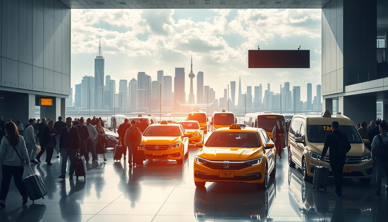 A bustling scene of global airport transfer destinations, captured with a wide-angle lens and dramatic lighting. In the foreground, a diverse array of travelers with luggage hurry through a modern, minimalist airport terminal, their silhouettes conveying a sense of motion and urgency. The middle ground features a mix of transportation options - sleek black sedans, iconic yellow taxis, and efficient shuttle buses - all converging to shuttle passengers to their final destinations. The background showcases a striking skyline of towering skyscrapers and iconic landmarks, hinting at the global reach and connectivity of the airport. The overall atmosphere is one of efficiency, dynamism, and the seamless integration of travel infrastructure.