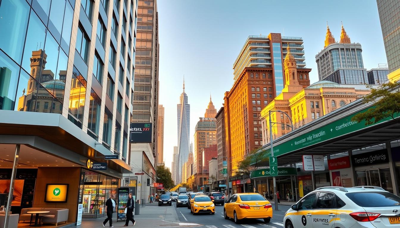 Vibrant city street bustling with essential services for travelers. In the foreground, a modern hotel with sleek, glass façade and a lobby with plush seating. In the middle ground, a well-stocked convenience store, a local bank, and a transit hub with taxis and rideshares. In the background, skyscrapers and historic landmarks punctuate the skyline, bathed in warm, golden afternoon light. The scene conveys a sense of convenience, safety, and accessibility for the discerning traveler, ready to explore the wonders of the city.