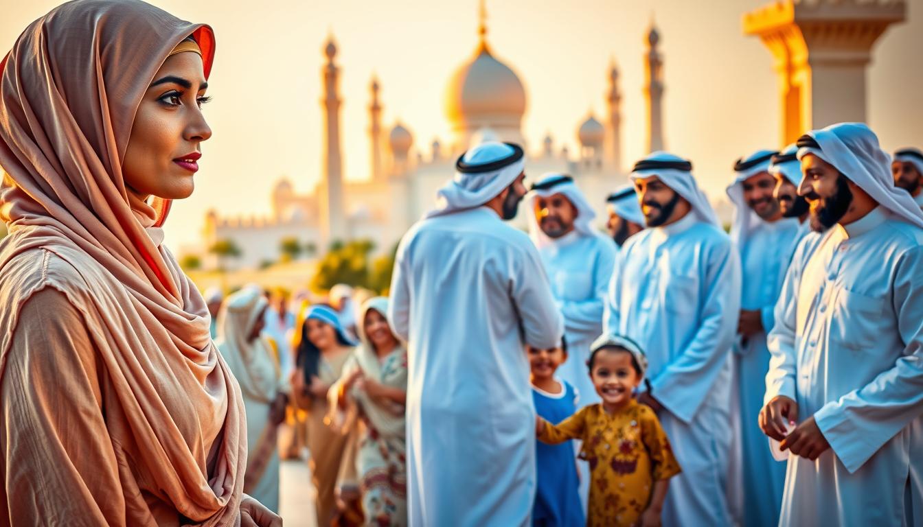 A vibrant and intricate tapestry of traditional Emirati customs, showcasing a rich cultural heritage. In the foreground, a graceful Emirati woman adorned in a flowing abaya and hijab, her expression serene and dignified. Surrounding her, a lively scene of men in crisp white thobes engaged in lively conversation, their hands gesturing expressively. In the middle ground, a group of Emirati children playing a traditional game, their laughter and joy capturing the essence of the culture. In the background, the iconic architecture of the United Arab Emirates rises, its elegant domes and minarets framing the scene. Warm, golden lighting bathes the entire composition, evoking a sense of timelessness and cultural richness.