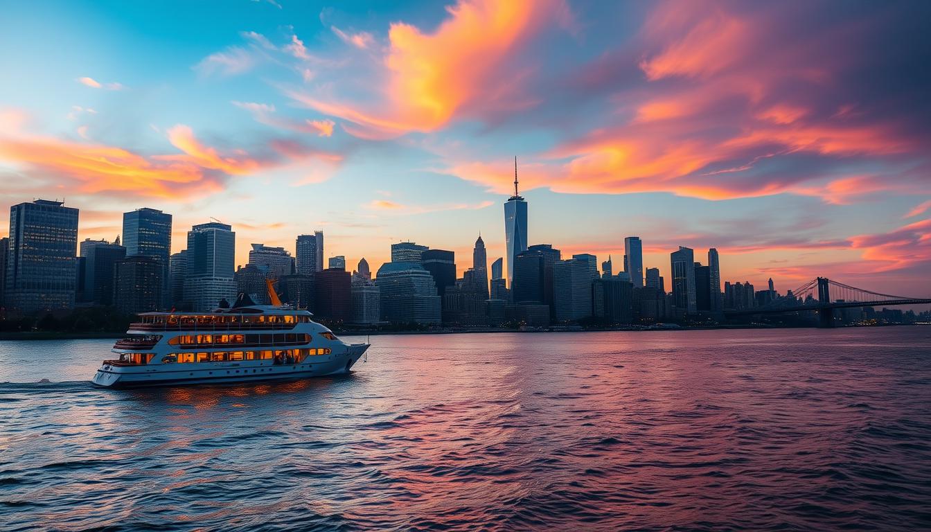 An image of a Hudson River cruise ship sailing past the Manhattan skyline