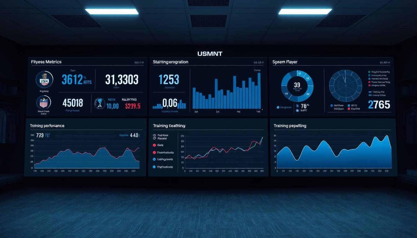 A detailed visualization of USMNT fitness metrics, captured in a sleek data visualization dashboard. Against a backdrop of a dimly lit locker room, a large screen displays real-time player statistics, heart rates, and training performance data. Futuristic infographics and graphs in muted shades of blue and gray convey the team's physical conditioning, stamina, and physiological readiness. The scene has a professional, high-tech atmosphere, reflecting the advanced sports science that powers the USMNT's preparation for the 2026 FIFA World Cup.