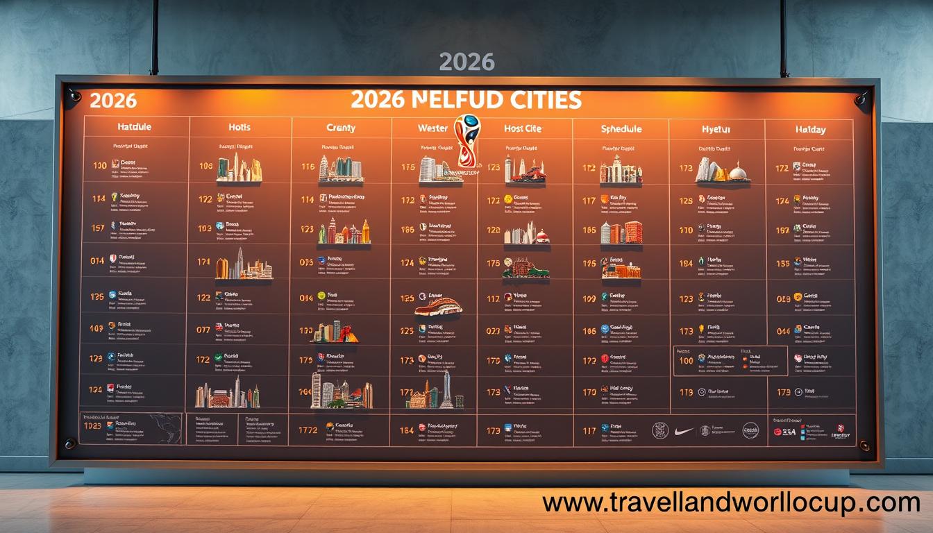 A highly detailed, photorealistic illustration of the 2026 FIFA World Cup host cities and match schedule, displayed on a large, sleek, modern infographic board. The infographic showcases the 16 host cities across North America, each represented by a miniature city skyline or landmark. The cities are arranged in a grid layout, with lines connecting them to indicate the match locations and schedules. The layout is clean, elegant, and easy to navigate, with subtle shadows and reflections adding depth and dimension. The overall mood is one of excitement and anticipation for the upcoming tournament, captured through warm lighting, vibrant colors, and a sense of scale and grandeur. In the bottom right corner, the text &quot;www.travelandworldcup.com&quot; is prominently displayed.