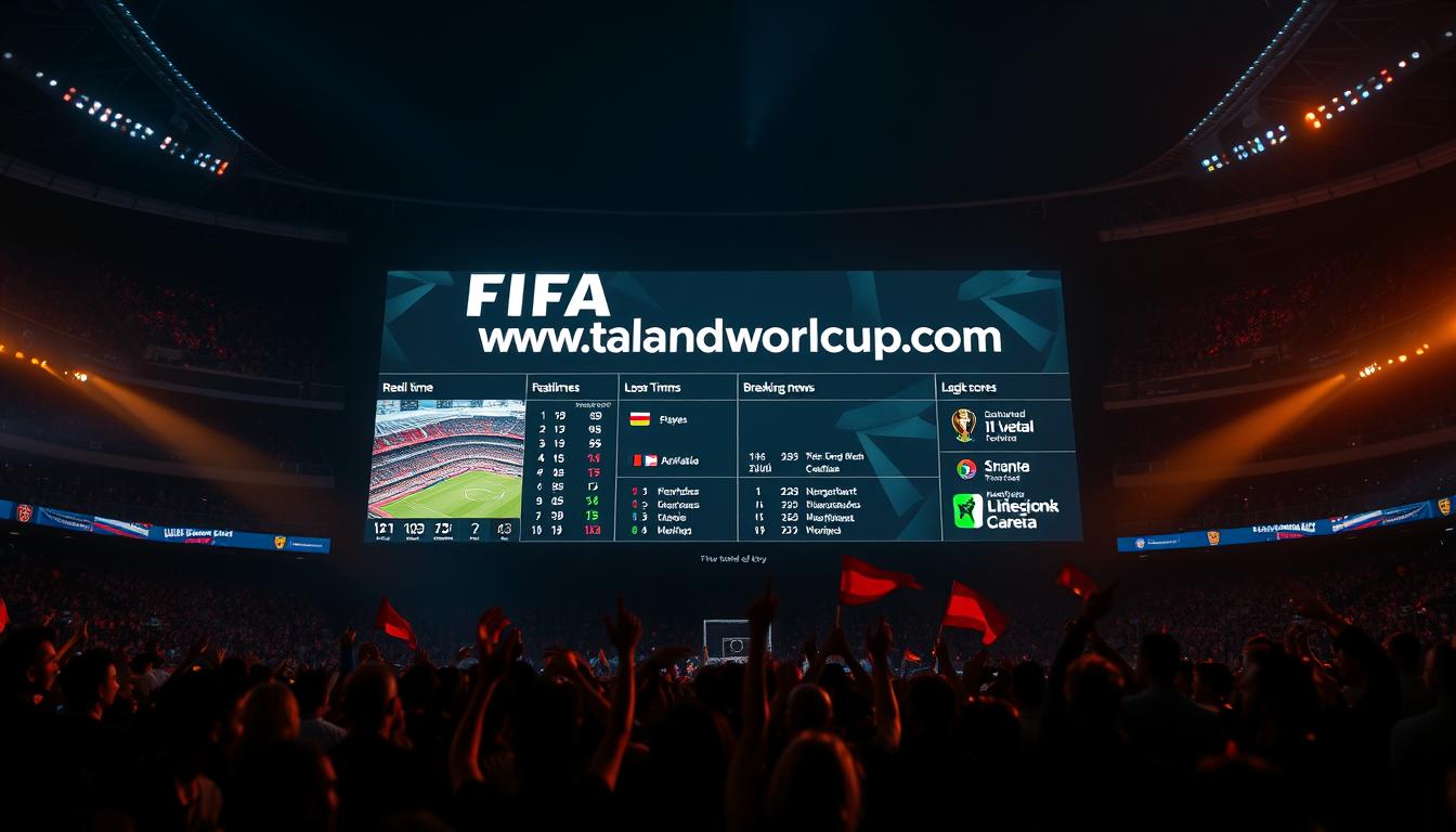 FIFA World live updates platform with a modern, sleek interface showcasing dynamic real-time match scores, player statistics, and breaking news against a backdrop of a dimly lit stadium. The foreground features a large, high-definition video screen displaying a live match, with spectators in the middle ground cheering and waving flags. The background showcases the website &quot;www.travelandworldcup.com&quot; prominently displayed, conveying a sense of global connectivity and immersive fan engagement. The lighting is warm and cinematic, creating a captivating atmosphere that captures the excitement and anticipation of the World Cup.