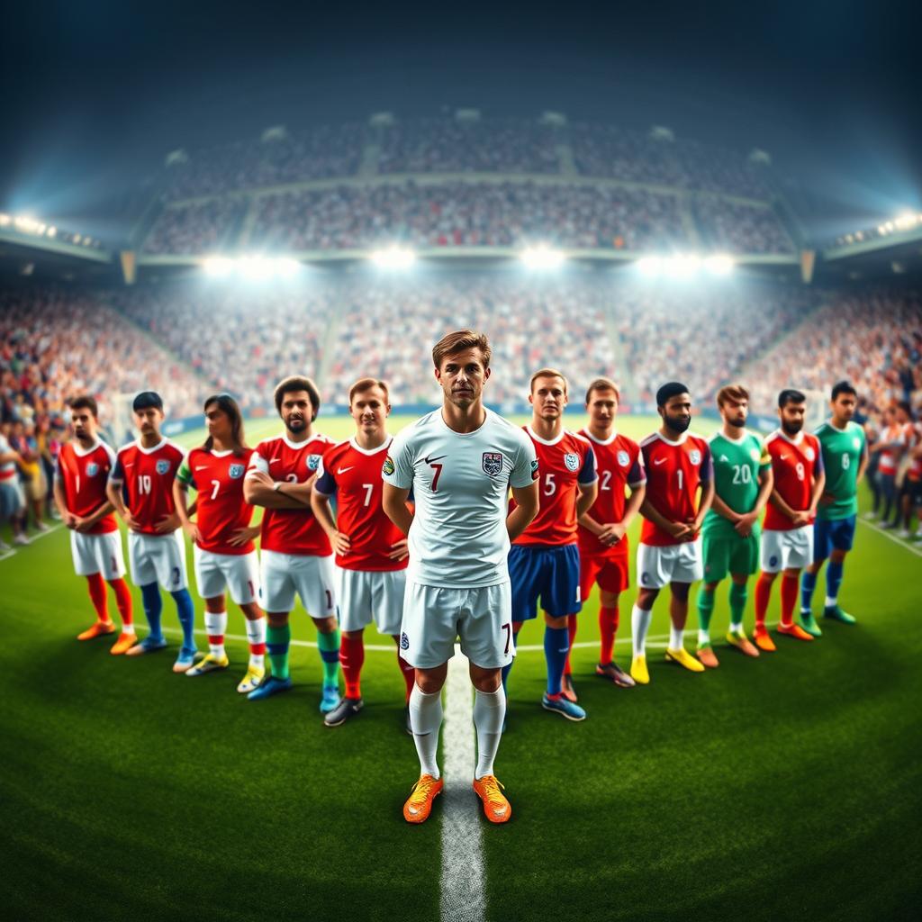 A high-angle panoramic shot showcasing the national teams competing in the World Cup. In the foreground, the England team stands tall, their uniforms gleaming in the soft, natural lighting. The middle ground features the other top contenders, each squad's distinct colors and styles creating a vibrant, dynamic tableau. In the background, a blurred stadium backdrop sets the scene, the roar of the crowd palpable. The overall composition highlights England's strength and confidence, while subtly comparing their capabilities to the formidable opposition. A sense of anticipation and rivalry permeates the image, reflecting the excitement and tension of the upcoming tournament.