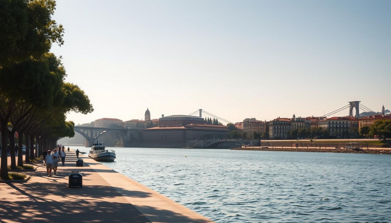 a picturesque scene along the banks of the tagus river in lisbon, portugal. a wide promenade runs parallel to the calm, glistening waters, lined with tall sycamore trees casting dappled shadows. in the foreground, a group of people leisurely stroll along the path, taking in the serene atmosphere. the middle ground reveals historic buildings and monuments on the opposite riverbank, their warm, ochre facades bathed in soft, golden afternoon light. in the distance, the iconic 25th of april bridge spans the river, its graceful arches silhouetted against a hazy, azure sky. the overall mood is one of tranquility and timeless charm, inviting the viewer to meander along this iconic urban waterfront.