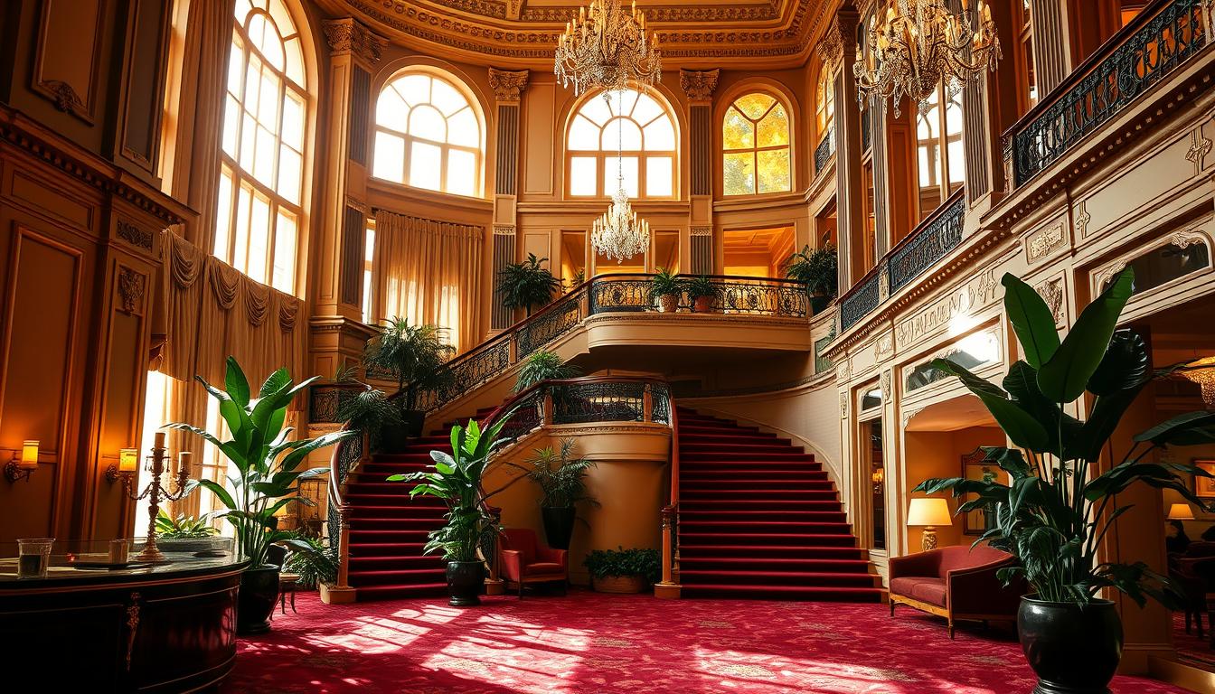 A luxurious foyer of the Sofitel Paris hotel, bathed in warm, golden light filtering through tall, arched windows. Ornate columns and intricate moldings frame a grand, sweeping staircase leading up to a mezzanine level. Plush, burgundy carpets and lush, potted plants create a refined, elegant ambiance. Crystal chandeliers and mirrored walls reflect the opulence, while a concierge desk and discreet seating areas hint at the impeccable service. The scene evokes a sense of timeless sophistication and French savoir-faire, befitting the Sofitel brand's renowned luxury and refinement.