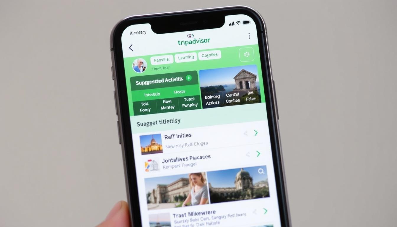 Generate an image of the Tripadvisor app interface on a mobile device, showcasing its itinerary planning feature.