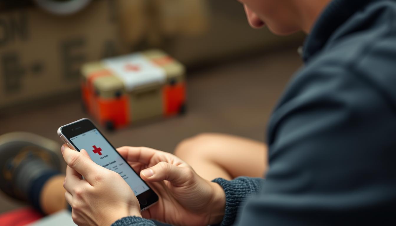 Generate an image of a person using the Red Cross First Aid App on their smartphone.