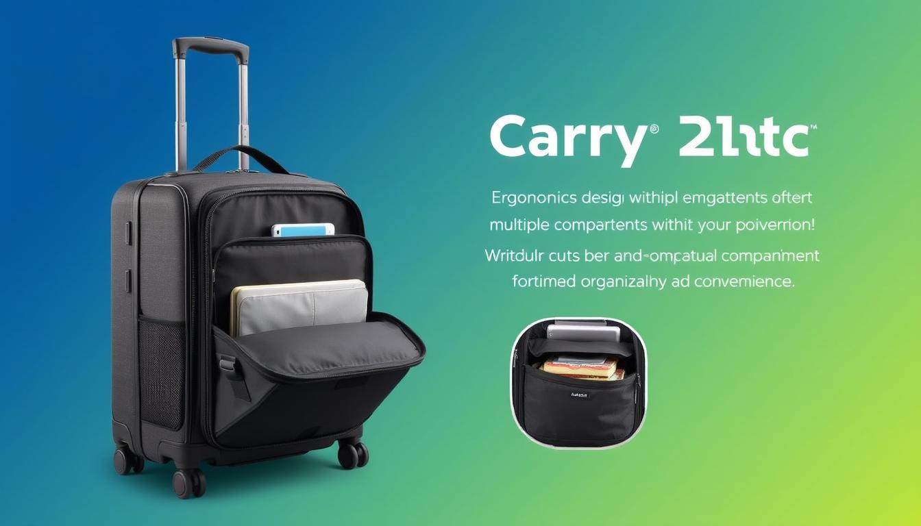 Generate an image of a carry-on bag with ergonomic design and multiple compartments.