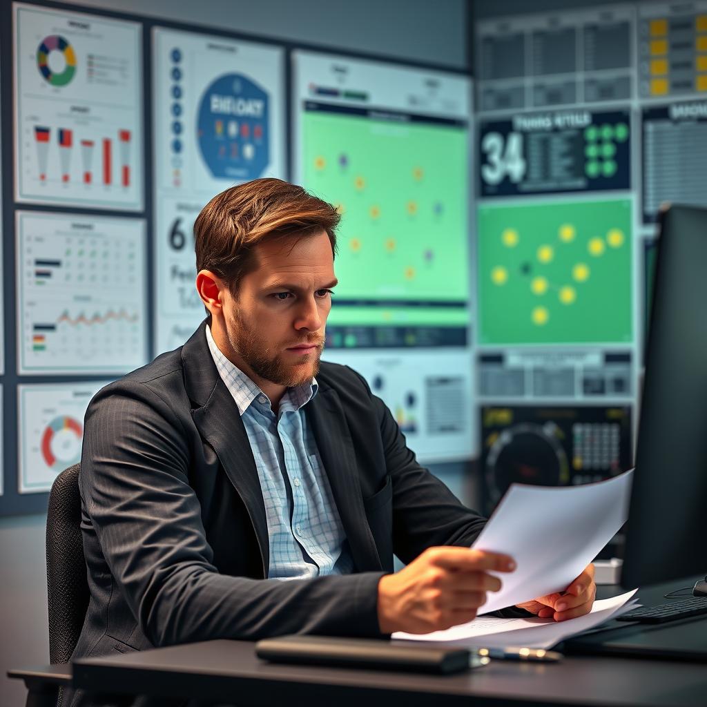 Generate an image of Thomas Tuchel analyzing England's team strategy for the 2026 World Cup.