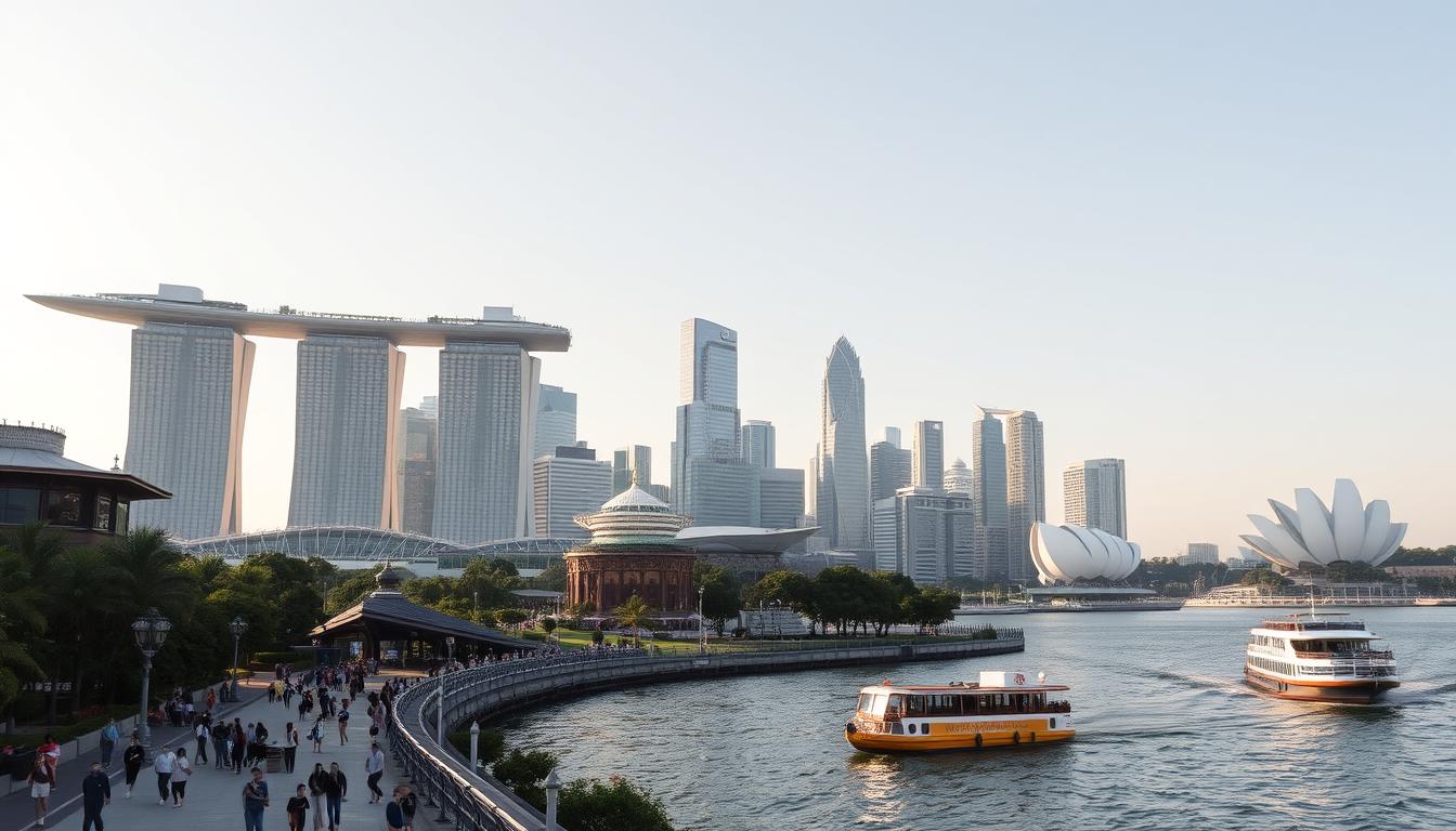 A vibrant cityscape featuring Singapore's iconic skyline, including the Marina Bay Sands complex, Supertree Grove, and the Esplanade. The scene is bathed in warm, golden hour lighting, casting a serene glow over the bustling waterfront. In the foreground, people leisurely stroll along the promenade, while boats and ferries ply the sparkling waters of the bay. The middle ground showcases the towering, futuristic architecture of the city, a blend of modern and traditional elements. In the background, lush greenery and verdant gardens provide a natural contrast to the urban landscape. The overall atmosphere conveys the dynamic energy and cultural richness that make Singapore a captivating tourist destination.