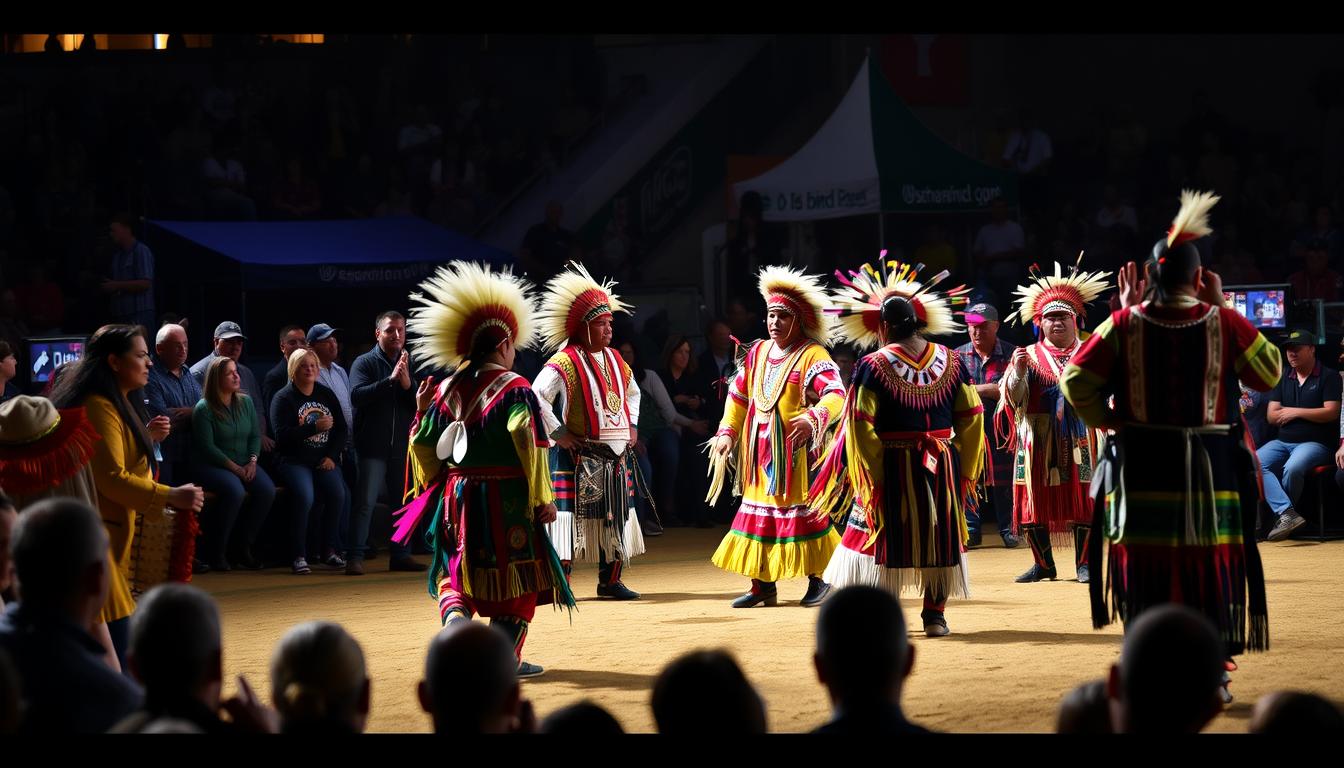 Image of a vibrant powwow with traditional dancers