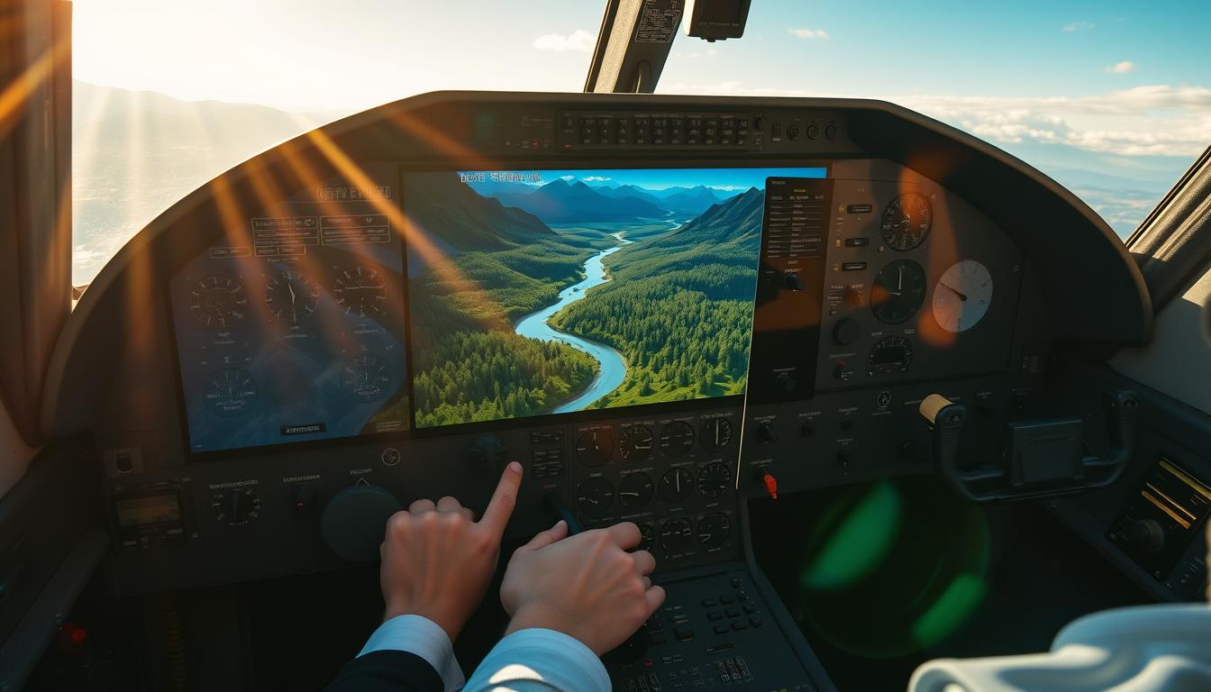a detailed close-up view of a flight simulator cockpit, with a large multi-panel display dominating the center, showing a realistic 3D landscape of mountains, forests, and a winding river below. The cockpit is filled with an array of switches, knobs, and gauges, all meticulously modeled. Bright, natural sunlight streams in through the large windows, creating warm highlights on the controls and creating a sense of depth and realism. The pilot's hands are visible, gripping the joystick and throttle, immersed in the simulation. The overall atmosphere is one of focused immersion, with a sense of technical precision and attention to detail.