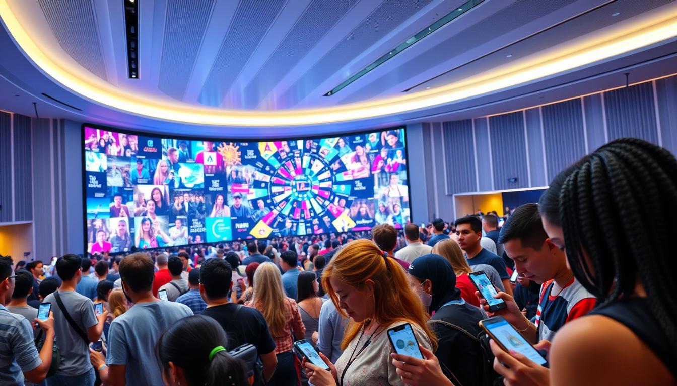 A bustling social media landscape, where digital entertainment takes center stage. In the foreground, a group of vibrant, diverse figures engrossed in their smartphones, swiping, tapping, and reacting to an endless stream of content. In the middle ground, a large, curved display screen showcases a kaleidoscope of images, videos, and interactive experiences, drawing the viewer into a world of digital spectacle. The background is a sleek, modern setting with clean lines and subtle lighting, evoking a sense of technological sophistication. The mood is one of immersion, engagement, and a blurring of the boundaries between reality and the virtual realm. www.travelandworldcup.com