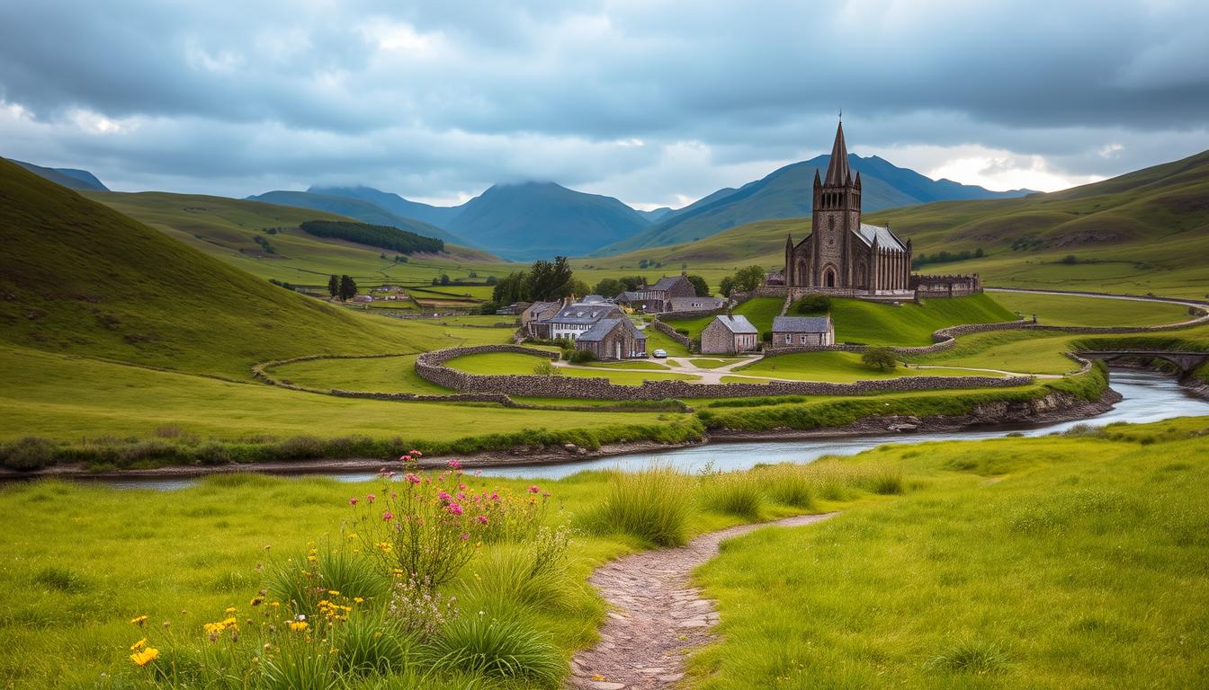 A serene Irish countryside landscape with rolling green hills, a winding river, and ancient stone structures dotting the horizon. Soft, diffused natural lighting illuminates the scene, casting a warm, inviting glow over the picturesque scenery. In the foreground, a path leads through a lush, verdant meadow, surrounded by vibrant wildflowers. The middle ground features a quaint village with charming cottages and a historic cathedral, its spire reaching towards the cloudy, yet luminous sky. In the distance, majestic mountains rise up, their rugged peaks shrouded in a light haze. The overall composition evokes a sense of tranquility, timelessness, and the natural beauty that makes Ireland one of the world's most captivating tourist destinations.