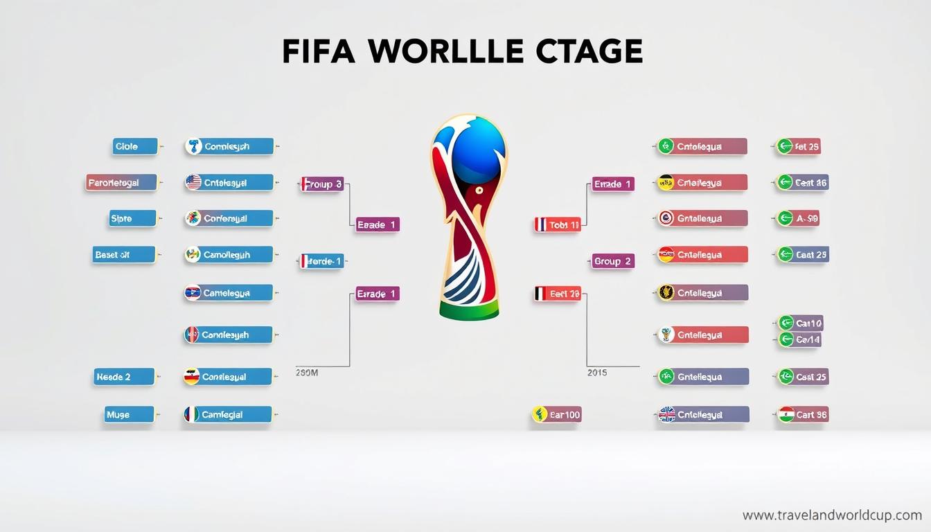 Detailed 3D illustration of the FIFA World Cup group stage structure, showcased against a clean, minimalist background. The format is presented with precision, highlighting the tournament's expanded 48-team format and the division into 16 groups of 3 teams each. The groups are displayed in a grid-like arrangement, with each group represented by a distinct color scheme. The overall composition conveys a sense of order and clarity, reflecting the organization and structure of the world's most prestigious football event. The image is rendered with a high-quality photorealistic style, ensuring a visually striking and informative depiction of the 2026 World Cup group stage format. www.travelandworldcup.com