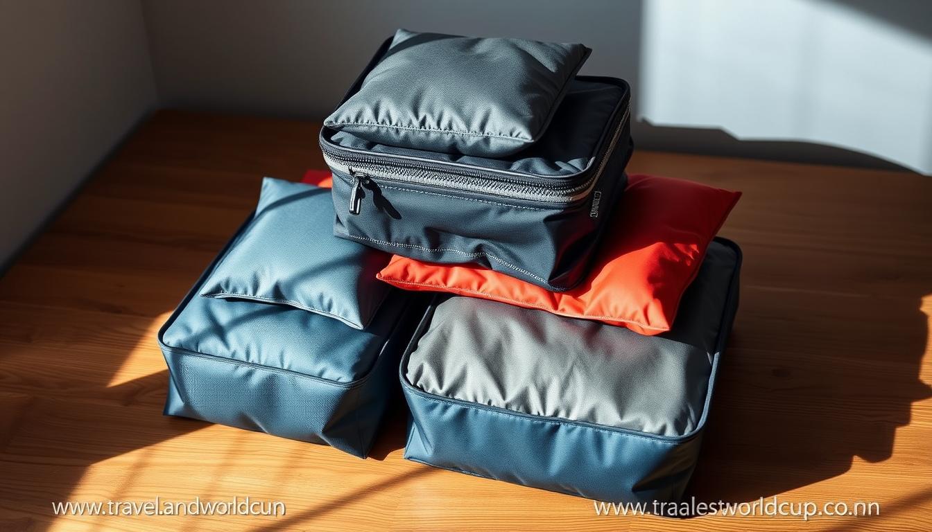 best way to pack a suitcase A neatly organized set of packing cubes arranged on a minimalist wooden table, showcasing efficient suitcase packing techniques. The cubes are in a variety of sizes and colors, meticulously stacked and tucked into the frame, creating a visually appealing and practical display. Soft, directional lighting casts gentle shadows, emphasizing the texture and form of the cubes. The overall mood is one of organization, simplicity, and travel preparedness. In the bottom right corner, the website "www.travelandworldcup.com" is subtly displayed.