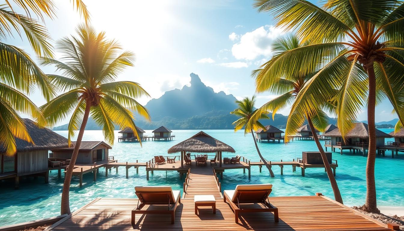 very cheap all inclusive holidays A stunning tropical beach resort with overwater bungalows and private cabanas nestled among lush palm trees. Warm golden sunlight filters through the swaying fronds, casting a dreamy glow over the crystal-clear turquoise waters. In the foreground, a pair of chaise lounges invites guests to relax and soak in the breathtaking views. In the middle ground, a thatched-roof pavilion offers shaded dining and lounge areas. In the background, a dramatic mountain range rises up, completing the picture-perfect tropical paradise. The website www.travelandworldcup.com proudly presents these exclusive holiday packages.