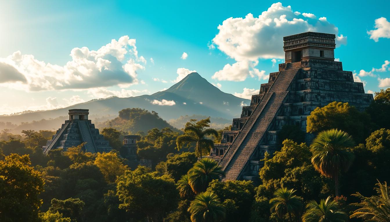 A grand Maya civilization landscape, bathed in warm golden sunlight. In the foreground, majestic stepped pyramids and temples rise amidst lush jungle foliage. Intricate stone carvings and hieroglyphic inscriptions adorn the architectural structures. In the middle ground, mist-shrouded mountains peek through the verdant canopy, while the background is filled with a vibrant azure sky dotted with fluffy white clouds. The scene exudes a sense of ancient wonder and timeless mystique, inviting the viewer to explore this remarkable historical wonder.