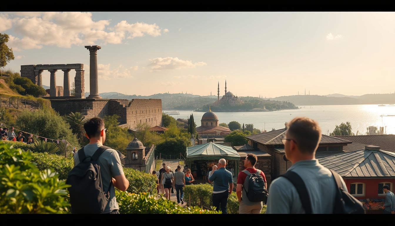 A lush, verdant Turkish landscape unfolds, showcasing the best turkey tours for every traveler. In the foreground, a group of adventurous tourists explore ancient ruins, their faces alight with wonder. In the middle ground, a traditional Turkish bazaar bustles with vibrant colors and the scent of spices, inviting visitors to immerse themselves in the local culture. In the background, the majestic Bosporus Strait glimmers, with the iconic domes and minarets of Istanbul's skyline rising in the distance. Warm, golden sunlight filters through the scene, creating a mood of tranquility and discovery. https://www.travelandworldcup.