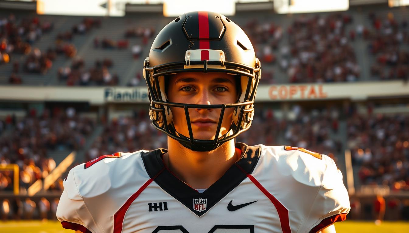 A collegiate football player in their prime, standing tall and confident on the field, their uniform crisp and well-worn. The warm glow of afternoon sunlight casts a golden hue, highlighting the player's determined expression and the rugged texture of their helmet. In the background, the stadium looms, its grandstand filled with cheering fans, creating an atmosphere of excitement and anticipation. The image captures the essence of the collegiate football experience - the passion, the dedication, and the thrill of the game.