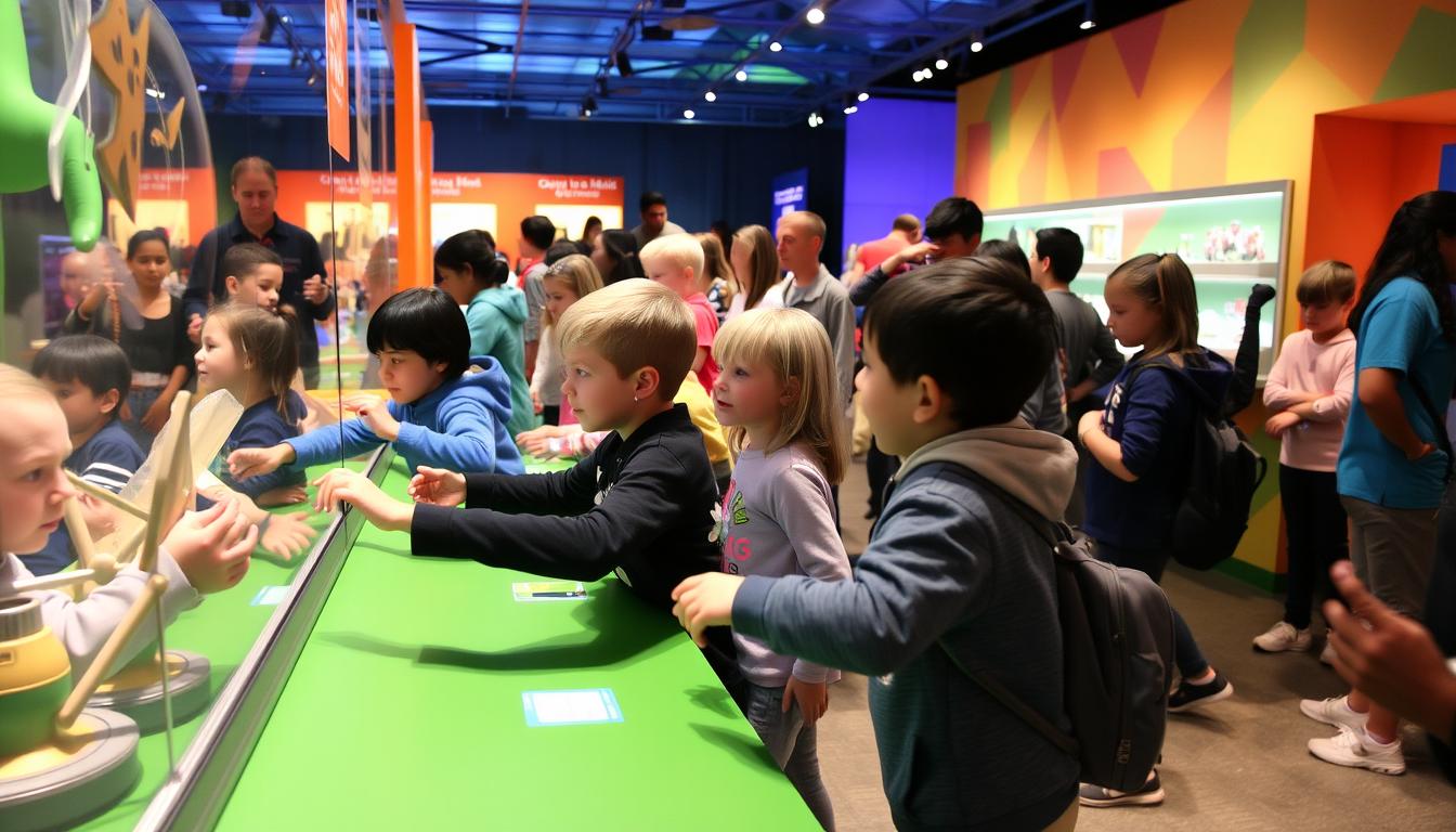 An image of children interacting with exhibits at the New York Hall of Science