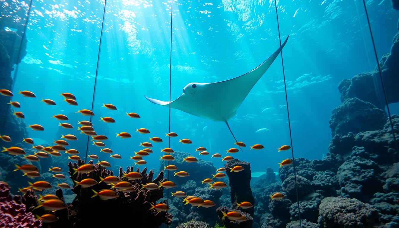 An underwater scene of the iconic Dubai Mall aquarium, showcasing its breathtaking marine life. In the foreground, schools of vibrant tropical fish gracefully swim amid the coral formations, their scales shimmering under the diffused natural light filtering through the large glass panels. In the middle ground, a majestic manta ray glides effortlessly, its wings undulating with mesmerizing fluidity. The background features the expansive aquarium tank, its depth accentuated by the shimmering blue hues of the water, creating a sense of serene, otherworldly tranquility. The scene evokes a feeling of wonder and awe, reflecting the extravagance and vibrancy of the Dubai Mall's remarkable aquatic wonders.