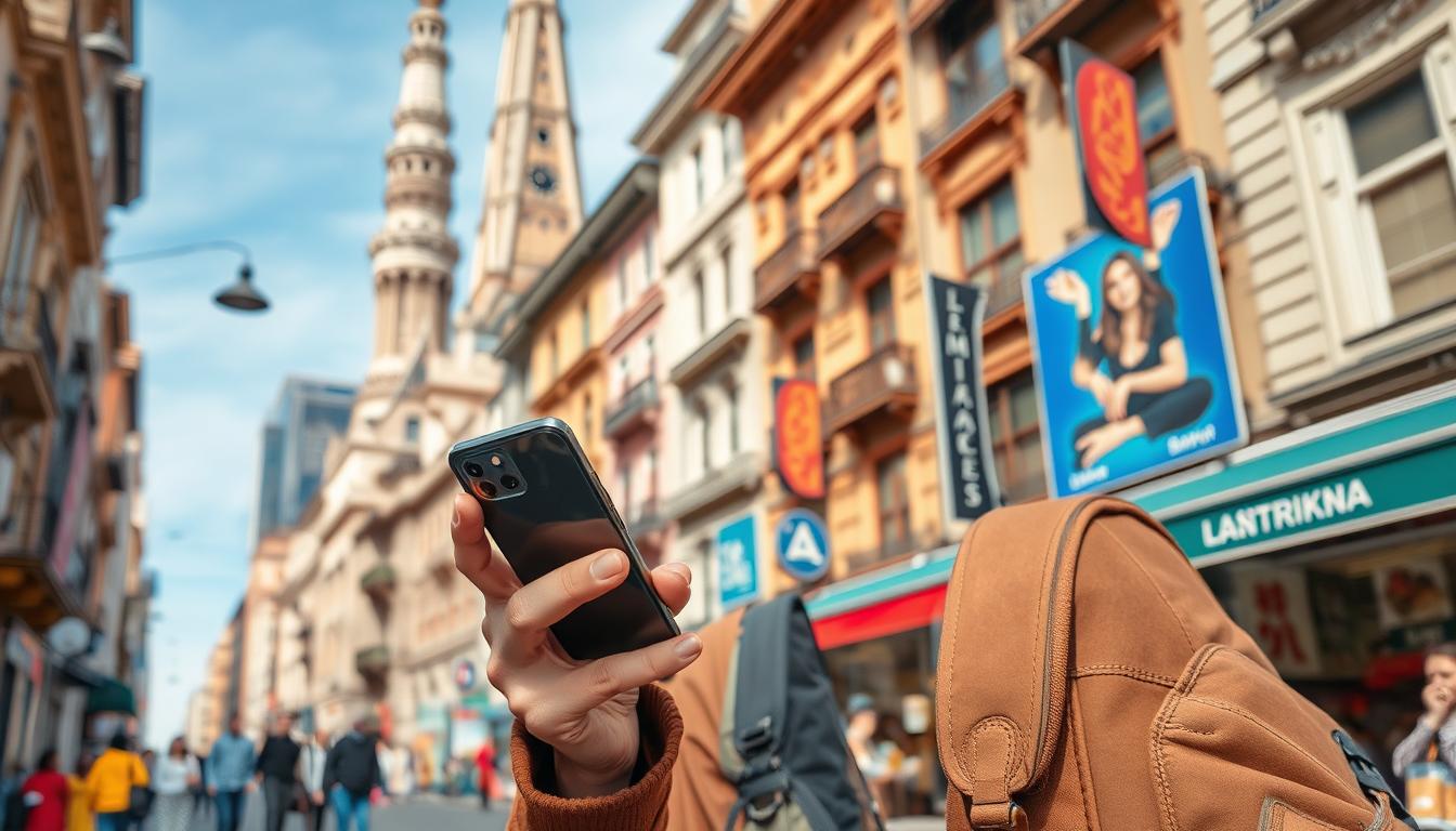 Generate an image of a traveler using a smartphone with an eSIM card, staying connected in a foreign city.