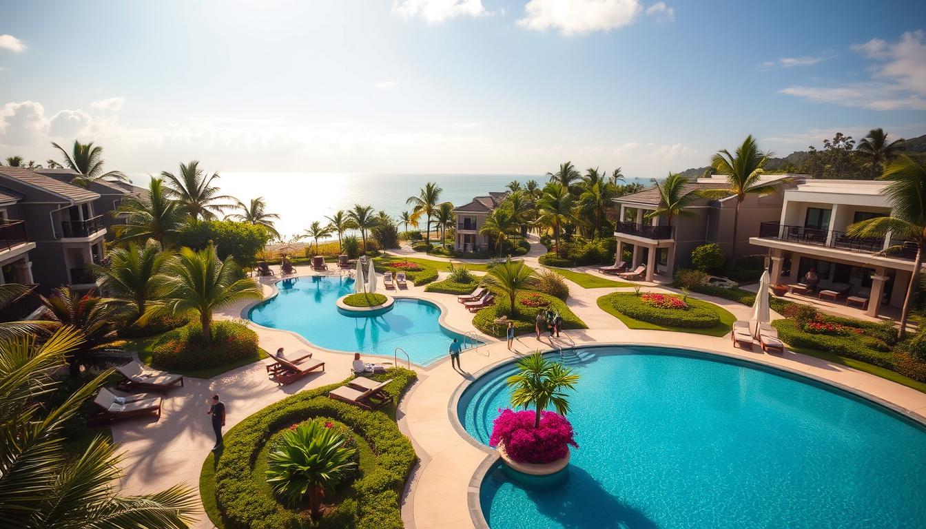 all inclusive vacation packages A tranquil all-inclusive resort nestled amid lush tropical foliage. In the foreground, a sprawling swimming pool reflects the azure sky, surrounded by plush lounge chairs and umbrellas. In the middle ground, guests stroll along winding pathways, admiring the manicured gardens and vibrant flowers. In the background, modern villas with balconies and private cabanas overlook the sparkling ocean. Warm, diffused lighting creates a serene, inviting atmosphere. Captured with a wide-angle lens to showcase the resort's expansive amenities and personalized service. www.travelandworldcup.com