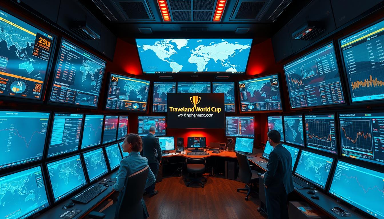 A high-tech control room filled with large screens displaying real-time flight data, route maps, and price trends. Technicians in sleek uniforms monitor the systems, analyzing complex algorithms to identify the best airfare deals. Warm lighting casts a soft glow, while a central display shows the www.travelandworldcup.com logo, highlighting the cutting-edge technology powering the flight price tracker. The atmosphere is one of precision, efficiency, and a deep understanding of the global aviation industry.