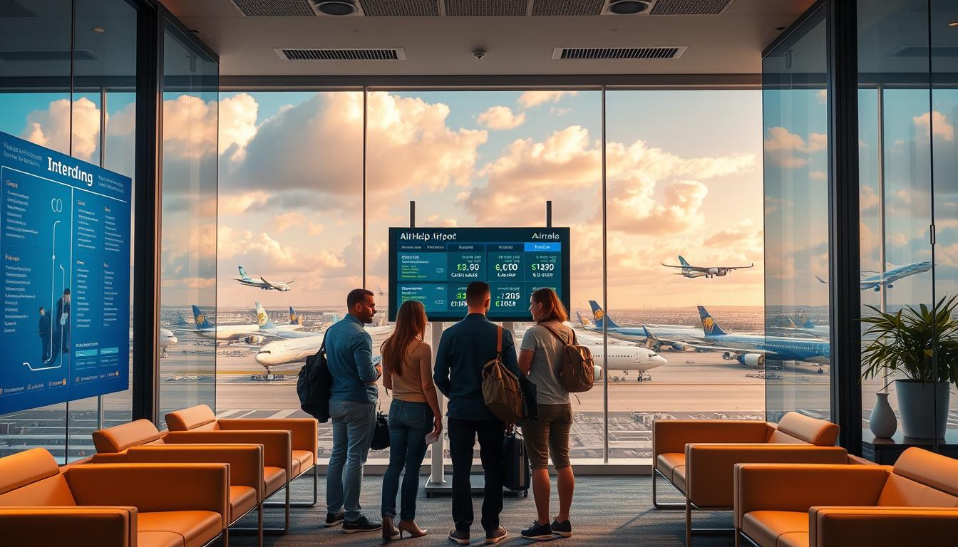 A modern, sleek office interior with glass walls and minimalist furniture. In the foreground, a team of AirHelp service representatives is assisting a group of travelers, guiding them through travel issue resolution with calm professionalism. The middle ground features a large digital display showcasing flight information and service details. The background depicts a panoramic view of a bustling international airport, with planes taking off and landing against a backdrop of blue sky and fluffy clouds. Warm, natural lighting illuminates the scene, creating a sense of efficiency and reassurance.